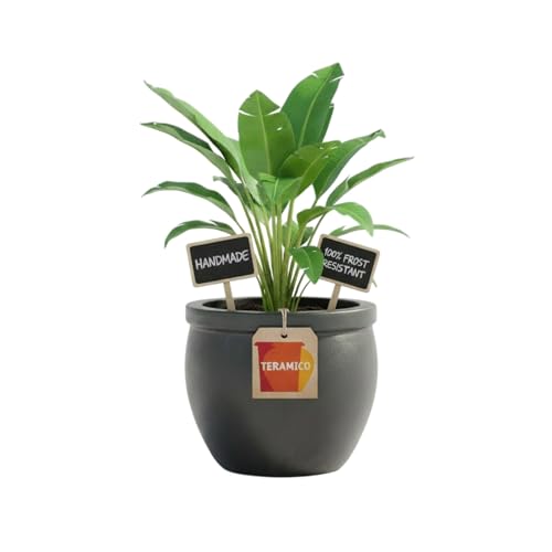 Teramico Macetero de gres hecho a mano | Maceta de cerámica resistente a las heladas con orificio de drenaje, resistente a la intemperie, tamaños ideal para interior y exterior (antracita, 29 cm x 23