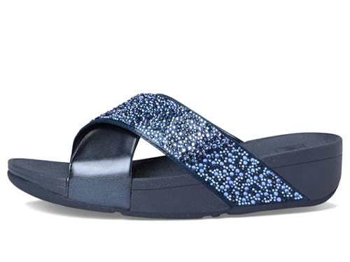 Image of FitFlop Womens Lulu Crystal-Mix Metallic Cross Slides All Black Sandal