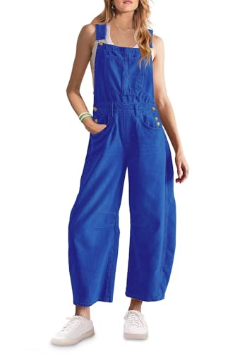 ReachMe Womens Barrel Overalls Casual Loose Denim Jumpsuits Y2k Baggy Jeans Wide Leg Bib Pants Romper with Pockets(Royal Blue L)