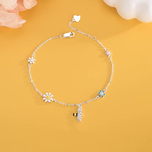 Cute Daisy Flowers Honeybee Sterling Silver Cubic Zirconia Bracelet - Silver with Colorful Crystals - 73 Inch Link Chain - Fine Jewelry - Female - Adult - Floral Collection4