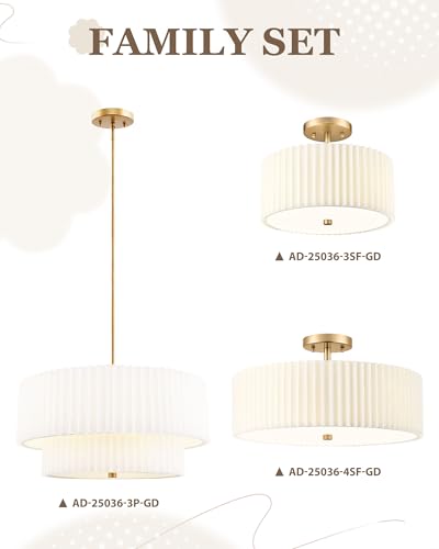 Image of 18 inch Double Drum Chandelier, 3-Light Gold Pendant Light Fixtures with Dual Layer Pleated Fabric Shade, Modern Chandeliers for Dining Room Kitchen Living Room Bedroom Hallway, AD-25036-3P-GD