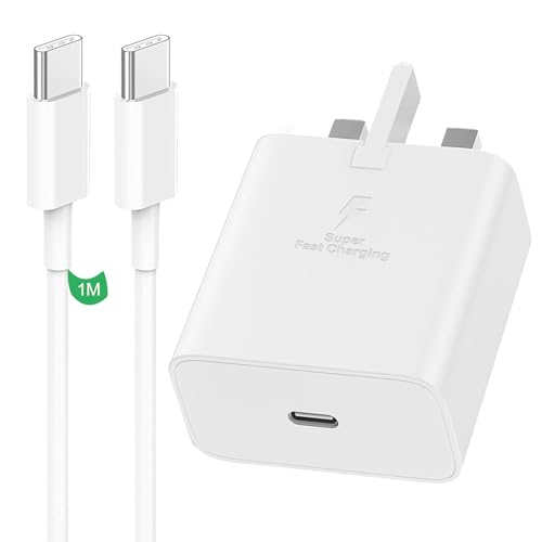 Samsung Fast Charger Plug and 1M Cable Samsung USBC Charging Lead with USB Type C Plug for Galaxy S26 S25 S24 S23 S22 S21 S20 A32 A33 A34 A35 A36 A53 A54 A55 A56 A52 A17 A16 A25 A26 A22 A23 A24