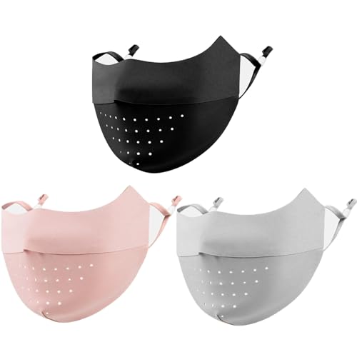 XZSXSL 3 Pack Sun Protection Face Cover UPF 50+, Breathable Motorcycle Golf Ice Silk mask with Adjustable Ear Loops Washable and Reusable for Men and Women (Pink, Black, Gray)