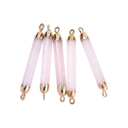 LiQunSweet 5 Pcs Natural Rose Quartz Crystal Stone Charm Connector Gemstones Links with Iron Findings Column Golden Bulk for Jewelry Making DIY Component - 44~45mm