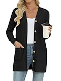 MLXSJ Women's Long Sleeve Cardigan Lightweight Button Down Open Front Casual Cardigans with Pockets (Black, L)