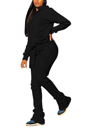 Women's Sweatsuits Sets 2 Piece Outfits Drawstring Hoodies Stacked Jogger Sweatpants Tracksuits Casual Set