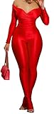Women Bodycon Two Piece Outfits for Birthday 2024 Catsuit Crop Top with Flare Leggings Sequin Jumpsuit Sexy Clubwear Red