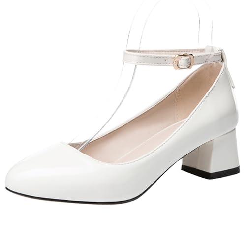 Block Heels Womens Pointed Toe Buckle Strap Patent Pumps