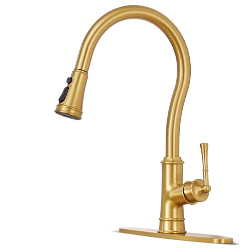 Kitchen Faucets with Pull Down Sprayer, Gold Kitchen Sink Faucet Brass High Arc Single Handle with Deck Plate 1 or 3 Hole Vintage Sink Faucet 3 Sprayer Modes for Farmhouse Camper Laundry