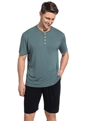 SlumberMee Mens Pajama Set Soft Cooling Viscose Summer Pjs Short Sleeve Sleepwear 2 Piece Set Henley Loungewear with Pockets4