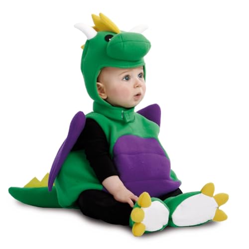 My Other Me - Disfraz Dinosaurio Bebé unisex, talla 1-2 años. Incluye gorro con cresta amarilla y cuernos blancos, vestido verde y alas moradas, y patucos con garras amarillas.
