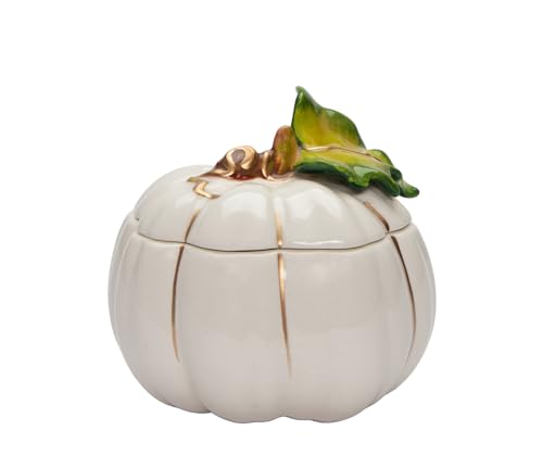 Cosmos Gifts 21072 Fine Ceramic Thanksgiving White with Gold Pumpkin Keepsake Trinket Box, 3-5/8' L