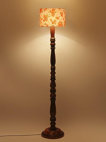 Image of Cotton Shade Floor Lamp with Wooden Base - Height 56 Inches, Orange Floral | Modern Standing Lamp for Living Room, Bedroom, Office | Stylish & Decorative Home Lighting | Elegant Decor