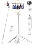 SelfieShow Selfie Stick Tripod with 2 Dimmable Fill Lights, 3 Light Modes & 6 Brightness Levels, Extendable Phone Tripod with Detachable Remote & Phone Holder, Compatible with iPhone 15/14/13/Android