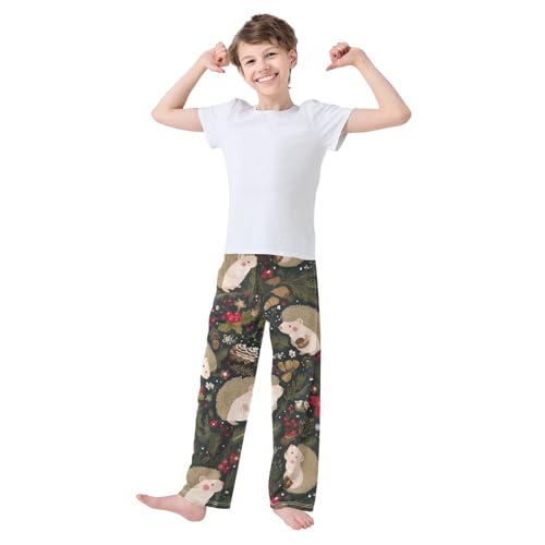 Hedgehog Spruce Branch Floral Boys Long Pants Soft Trousers Elastic Waist Kids Lounge Bottoms with Pockets S-XL3