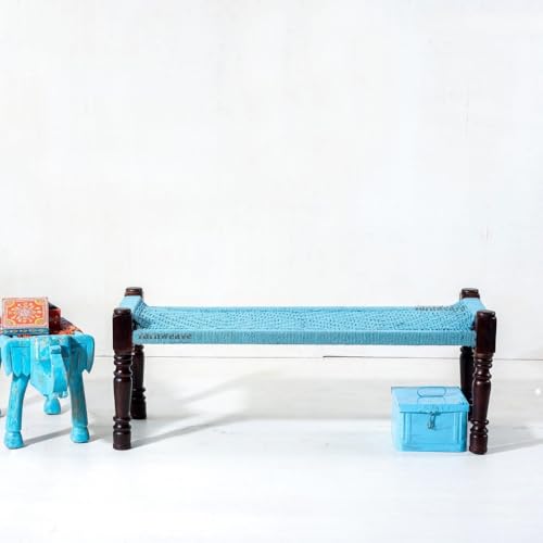 Image of Wooden Bench for Seating | Handcrafted Sheesham Wood Bench for Living Room, Balcony & Garden | Traditional Patio for Outdoor with Cotton Handwoven Rope | Blue