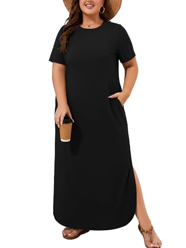AusLook Plus Size Maxi Dresses for Women Summer Casual Long Dress Short Sleeve Crew Neck Flowy Split Beach Black 3X Sundress Vacation T Shirt Dress with Pockets