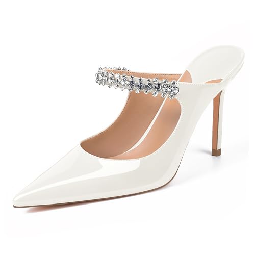 XINIUNIU Heeled Mules for Women Rhinestone Heels Pointed Toe Slip On 4 Inch Stiletto Closed Toe Sandals Dress Wedding Pump Shoes2