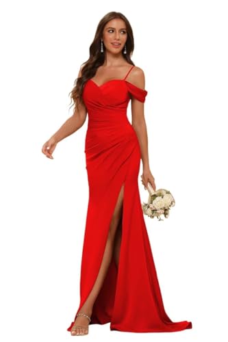 Mermaid Off Shoulder Bridesmaid Dresses for Women with Slit Long Sweetheart Pleated Satin Formal Dress