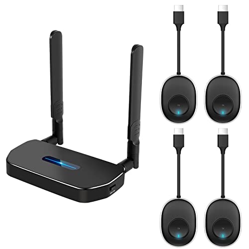 Wireless hdmi Transmitter and Receiver. (One Receiver and Four Transmitter ) One Receiver can Match Multiple transmitters and Switch at Will. Supports 2.4GHz 5GHz for Streaming Video and Audio.