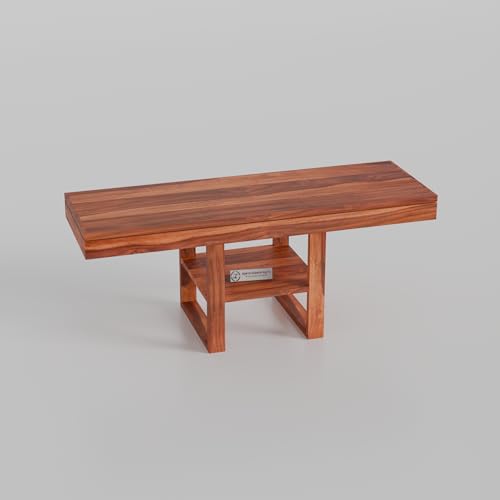 Image of Jangid Handicraft Sheesham Wood Coffee Table with 2 Stool | Wooden Rectangle Sofa Centre Table with Stool | Tea Center Table with 2 Stools for Living Room | Patio Teapoy Table with Two Puffy, Honey