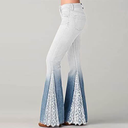 Women Flare Tapered Jeans High Waisted Floral Print Lace Trousers Gradient Color Bell Bottom Denim Pants with Pocket2