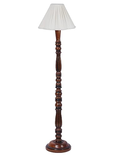 Image of Vintage Cotton Shade Wooden Floor Lamp - Height 53 Inches | Classic Standing Lamp for Living Room, Bedroom & Office | Stylish Home Decor Lighting with Elegant Wooden Base