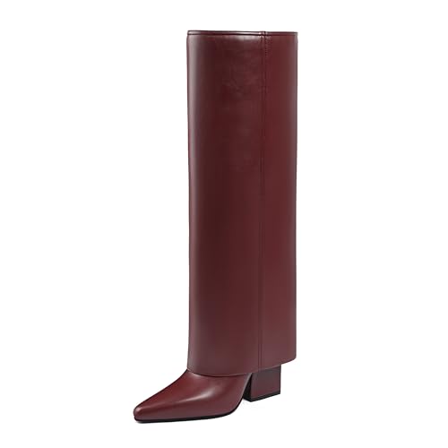 Vaslemuse Knee High Boots for Women Fold Over Pointed Toe Shark Tall Boots Block Low Heel Long Boots with Side Zipper2