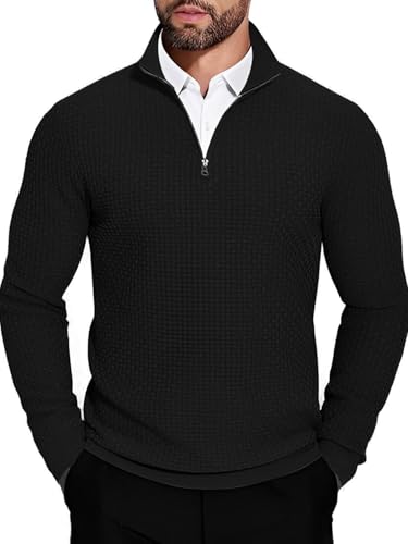 Image of TYSORT Men High Neck Zipper Full Sleeve Waffle Knitted Winter Sweater,Waffle Knit Sweater for Men