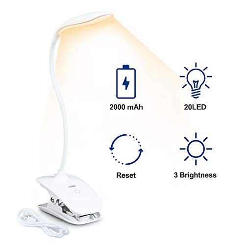 ENG Avancée Lampe de chevet, Lampe de lecture, Lampe clipsable, 20LED Lampe pince pour lit, 3modes d’éclairage, auto-reset et stable luminosité pour maison, bureau, lit, 2000mAh, Jaune