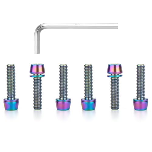 Image of 6 pcs M5 x 16 Titanium Allen Hex Bolts with Washer Screws & Wrench, for Bicycle Stems /Bike Handlebars /Brake Systems /Motorcycles /Camping Gear, Tapered Head Anti-Corrosion Fasteners(Rainbow)
