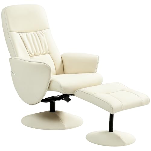 HOMCOM Sillón de Salón con Otomana Reposapiés Tapizado en PU Sillón Relax Reclinable hasta 145° y Giratorio 360° con Respaldo Ajustable para Salón Dormitorio Oficina 76x81x101 cm Crema