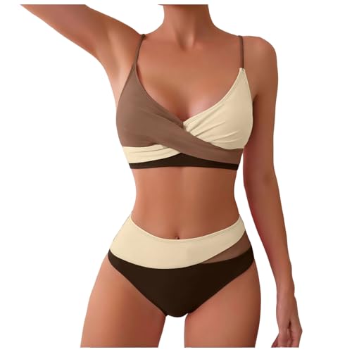 Conjunto de Tankini de 2 Piezas para Mujer Traje baño atlético con Traje Baño Dos Piezas para Mujer Top Cruzado y Braguita Cintura Alta Diseño en Bloques Colores Azules Playa y Piscina