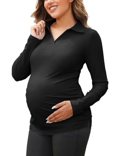 Bhome Umstands-Golf-Polo-Shirt, V-Ausschnitt, Schwangerschaft, langärmelig, Kragen, Arbeitsoberteil, athletisches Yoga-T-Shirt für Damen, Schwarz, X-Groß