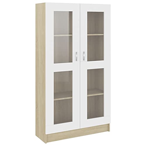 vidaXL Armoire à Vitrine Bibliothèque Armoire à Livres Meuble de Rangement Salon Bureau Intérieur Blanc et Chêne Sonoma 82,5x30,5x150 cm Aggloméré