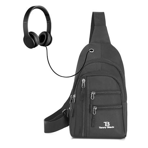 Tonny Black Brusttasche - Wasserdichte Schultertasche, Ultraleicht Umhängetasche mit USB und Kopfhörerausgang, Sling Bag für Herren und Damen, 26x16x4,5 cm, Schwarze