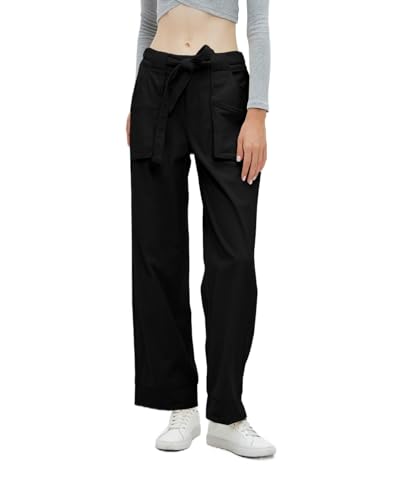 Women's Corduroy Pants Straight Leg Elastic High Waist Belt Cord Pants Trousers with Pockets4