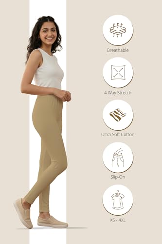 Image of Women's Cotton Lycra Ankle Length Leggings | Regular Rise, Soft 4 Way Stretch Fabric | Casual & Ethnic Wear
