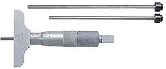 Mitutoyo 129-111 Vernier Depth Gauge, Interchangeable Rods, Micrometer Type, 0-100mm Range, 0.001mm Graduation, -0.0033mm Accuracy, 63.5mm x 16mm Base, 4 Rods
