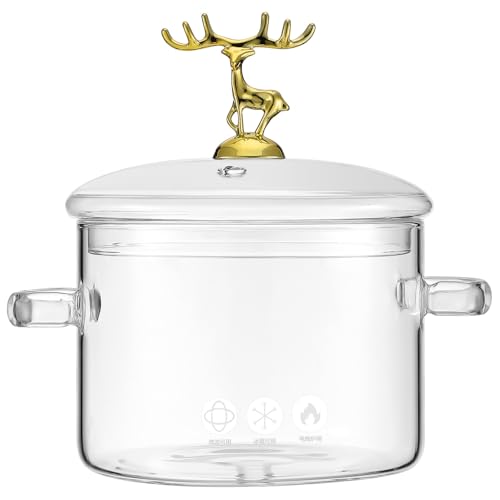DOITOOL Olla de Vidrio Borosilicato con Tapa Estilo Alce Cacerola para Cocinar con Doble Asa Resistente al Calor para Estufa y Cocina Casera