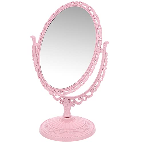 Lurrose Vintage Tabletop Vanity Oval Cosmetic Mirror 360 Degree Rotation Magnifying Double Sided Mirror (Beige)