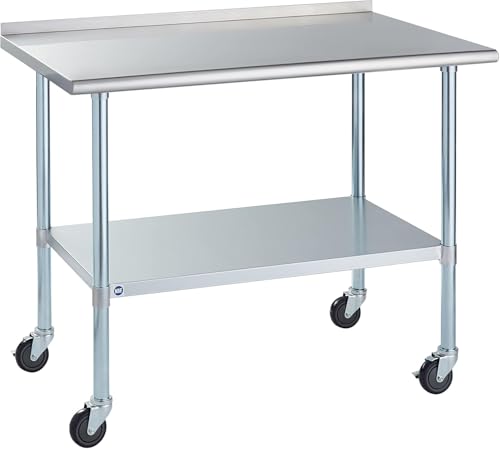 Image of Stainless Steel Table for Prep & Work with Backsplash and Caster 30x48 Inches, NSF Metal Commercial Kitchen Table with Adjustable Under Shelf and Table Foot for Restaurant, Home and Hotel