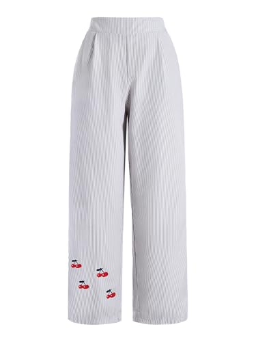 GORGLITTER Women's Striped Wide Leg Lounge Pants Cherry Print Elastic Waist Pj Trousers with Pockets