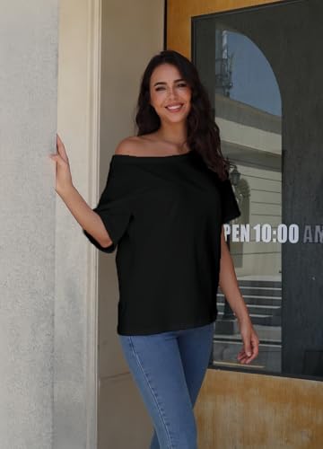 Dressmine Women's Off The Shoulder Tops Oversized Tshirts Short Sleeve Shirt Trendy Summer Boat Neck Top2
