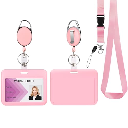 Image of Pink Horizontal ID Badge Holder with Lanyard, Retractable Heavy Duty Oval Badge Reels,Detachable Keychain, for Nurse Officer Teacher Security Staff Women Men