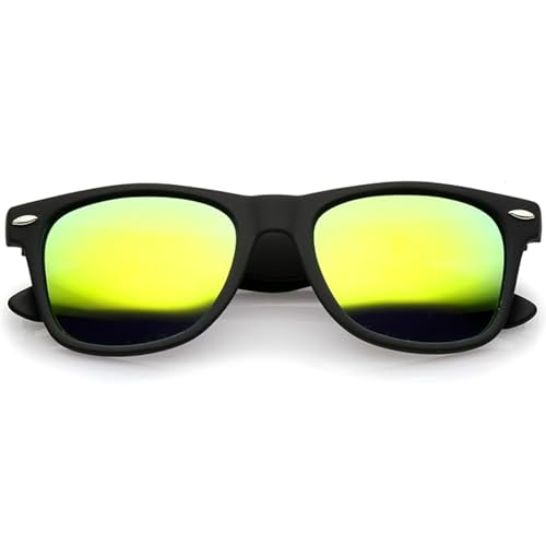 zeroUV Flat Matte Reflective Mirror Color Lens Large Horn Rimmed Style Sunglasses - UV400 (Polarized | Rubberized Blk/Yellow)