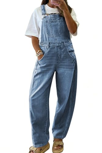 chouyatou Womens Baggy Adjustable Strap Denim Bib Overalls Barrel Jeans Casual Loose Wide Leg Denim Pant Jumpsuits (X-Large Blue)