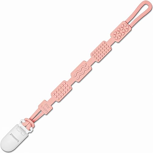 Image of Silicone Pacifier Clip with 4 Teething Textures, One-Piece Patented Design, Dishwasher Safe, Secure Plastic Clip, Fits All Pacifiers, Baby’s Aid (Blush)