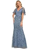 Ever-Pretty Women's Bridesmaid Dress V Neck Short Sleeve Sparkly Embroidery Formal Dress Dusty Navy US18