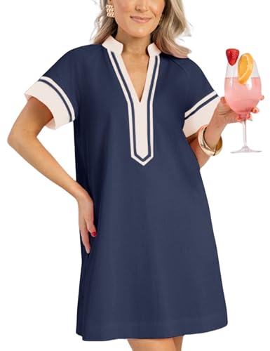 QIBABU Linen Dress for Women V Neck Color Block Summer Short Sleeve A-Line Mini Dress with Pockets